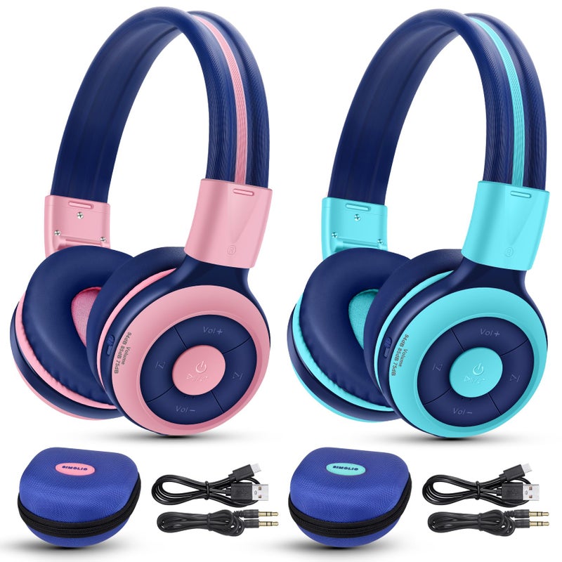 SIMOLIO Kids Headphones Bluetooth 2 Pack with 75dB,85dB,94dB Volume Limit, Wireless Kids Headphone with Mic & Hard Case, Children Headsets with Share Jack for Girls Boys, Toddlers (Pink+Mint) - Image 1